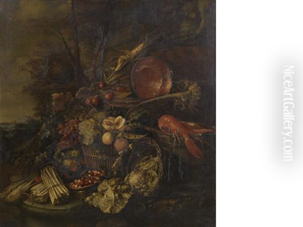 A Still Life Of A Bunch Of Asparagus, Bowls Of Wild Strawberries, A Basket Of Fruit, Lettuces, A Lobster In A Wooden Pail And A Copper Pan Beneath A Stone Sculpture In A Wooded Landscape Oil Painting by Pieter de Ring