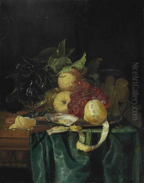 A Venetian Jug, Facon De Venise Glass, Lemons, Grapes, Oysters, Shrimp And Cobnuts On A Silver Platter And A Knife And Ring On A Partially Draped Table Oil Painting by Pieter de Ring