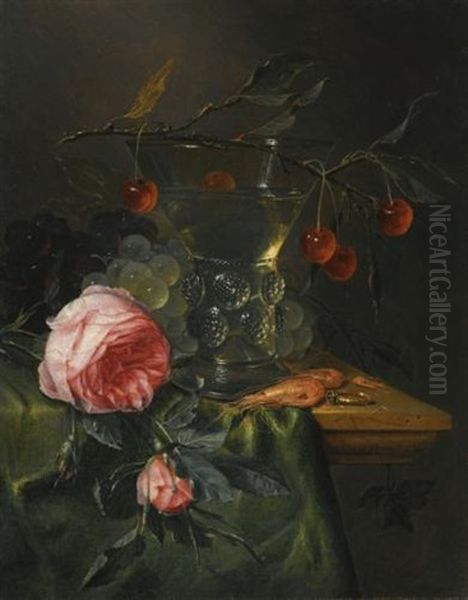 A Still Life With A Cherry Branch Over A Half-full Conical Roemer, Red And Green Grapes, Prawns, A Ring, And Two Roses Over A Table Oil Painting by Pieter de Ring