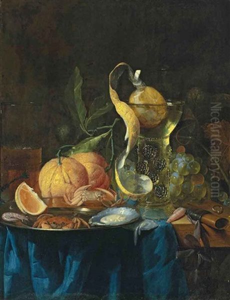 A Facon-de-venise Wine Glass, Oysters, Crabs And Shrimp On A Silver Platter, And Oranges And Grapes, On A Partly Draped Wooden Table Oil Painting by Pieter de Ring