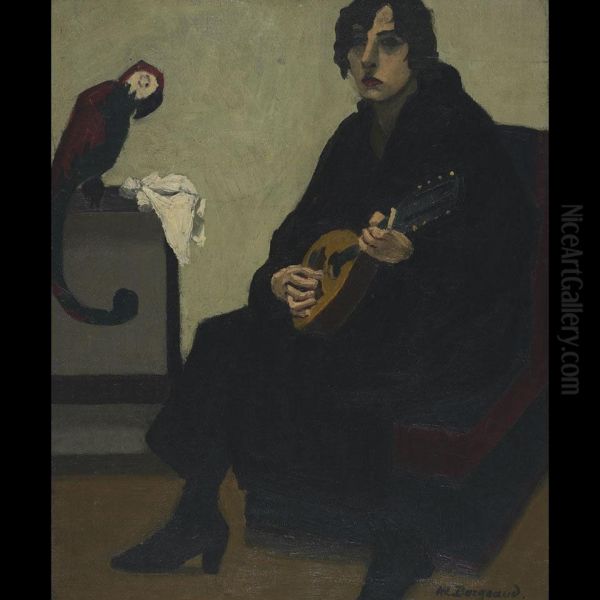 Woman With Mandolin And Her Pet Parrot Oil Painting by Marius Borgeaud