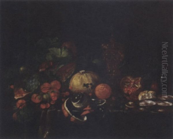 Grapes, Pomegranates, Melons, Oranges And Other Fruit With Oysters And Gilt Tokaal, On A Partially Covered Table Oil Painting by Pieter de Ring