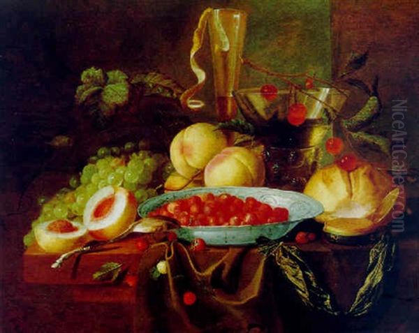 Stilleben Mit Pfirsichen, Erdbeeren, Weintrauben, Einer Taschenuhr Und Einem Glas Wein Oil Painting by Pieter de Ring