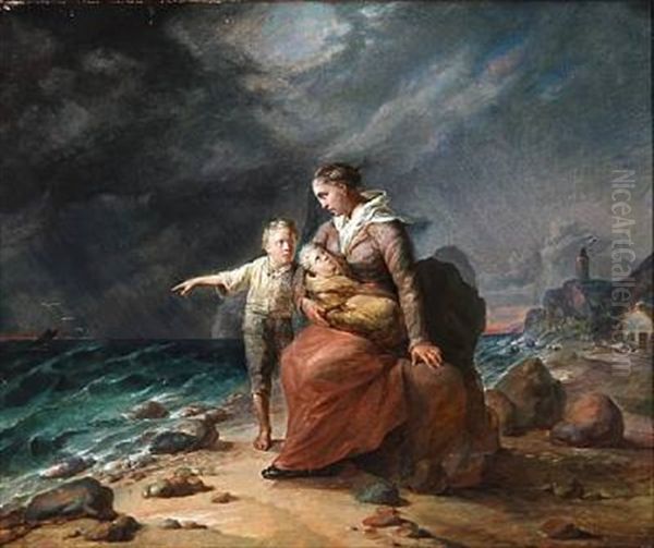 Storm At A Coast With Mother And Children Fearing For The Father's Life At Sea Oil Painting by Johan Julius Ringdahl