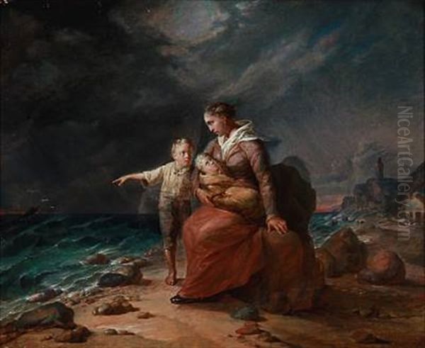 Mother And Children Fearing For The Father's Life At Sea Oil Painting by Johan Julius Ringdahl