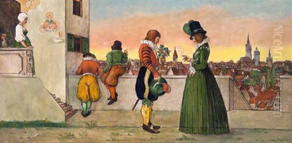 Der Brautwerber, Im Hintergrund Blick Auf Die Munchner Altstadt Oil Painting by Franz Ringer