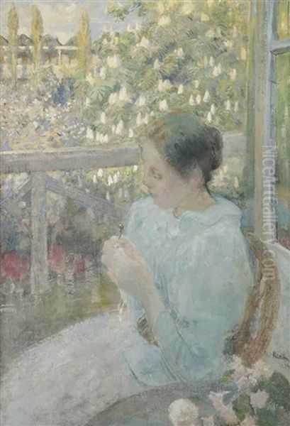 A Lady On The Balcony With A Blossoming Chestnut Tree Beyond Oil Painting by Paul Rink