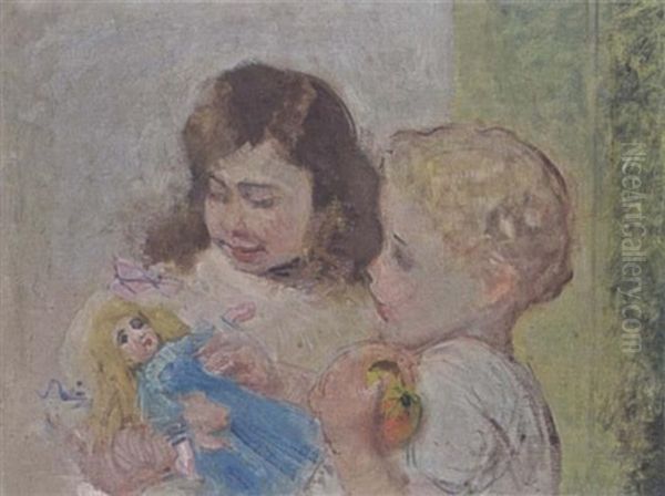 Children Playing With A Doll Oil Painting by Paul Rink