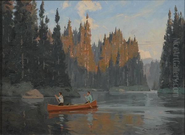 A Lake Scene With With Two Figures Canoeing In The Foreground Oil Painting by Eric Riordon