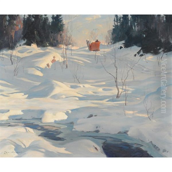 Horse-drawn Sleigh On A Winter Trail Oil Painting by Eric Riordon