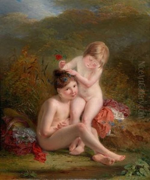 Zwei Sich Schmuckende Kleine Madchen Oil Painting by Louis Edouard Rioult