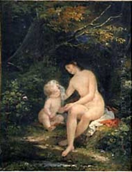 Baigneuse Sechant Son Enfant Oil Painting by Louis Edouard Rioult