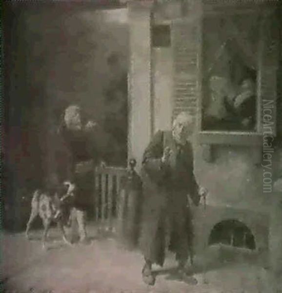 Mendiant Repousse Par Un Homme Et Son Chien (l'aumone) Oil Painting by Louis Edouard Rioult