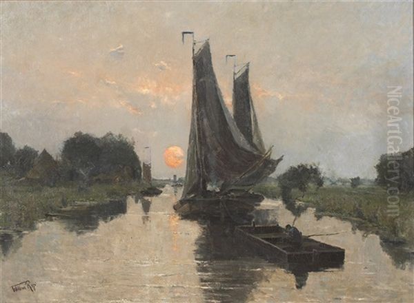 Boten Op Een Poldervaart Bij Ondergaande Zon Oil Painting by Willem Cornelis Rip