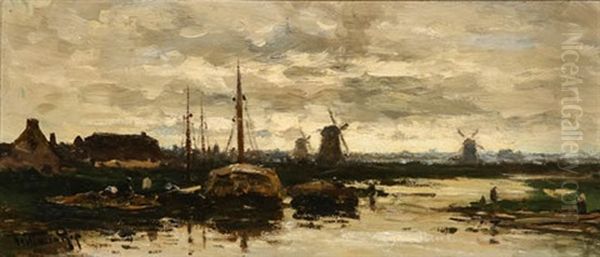 Harbor Scene With Windmill Oil Painting by Willem Cornelis Rip