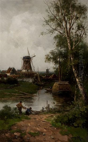 Fishermen Along The Water With A View Of Mills by Willem Cornelis Rip