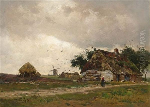 A Peasantwoman On A Country Road, Dark Clouds Gathering Oil Painting by Willem Cornelis Rip