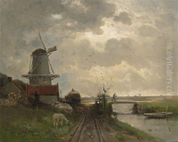 A Windmill In A River Landscape Oil Painting by Willem Cornelis Rip