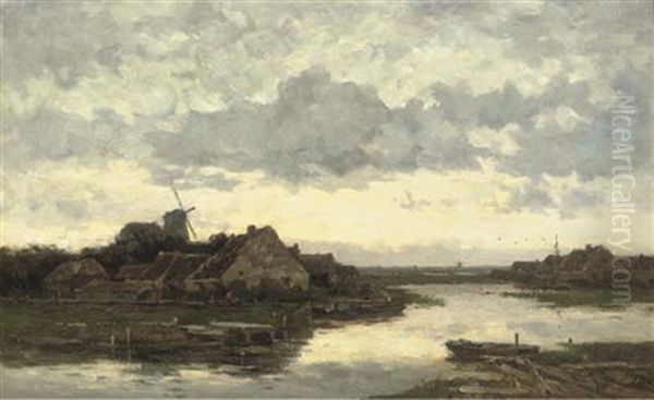 Avond Stond Bij Hagen - Houses Along A River Oil Painting by Willem Cornelis Rip