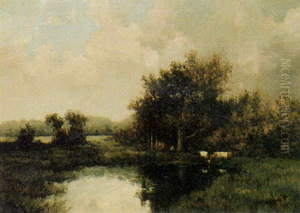 Landscape With Watering Cows Oil Painting by Willem Cornelis Rip