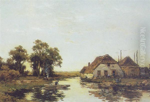 A Farmer Punting In A Polder Landscape Oil Painting by Willem Cornelis Rip