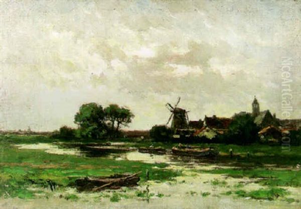 Dutch Landscape With Figures On A Lake And A Village With Windmill Beyond Oil Painting by Willem Cornelis Rip