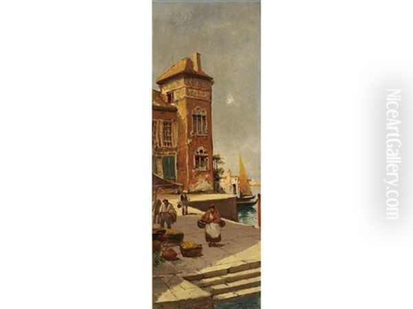 Venice Market With Harbor View Oil Painting by Virgilio Ripari