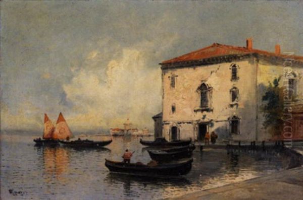 Gondole In Laguna Oil Painting by Virgilio Ripari