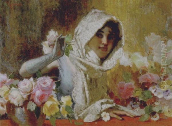 Giovane Donna Tra I Fiori Oil Painting by Virgilio Ripari