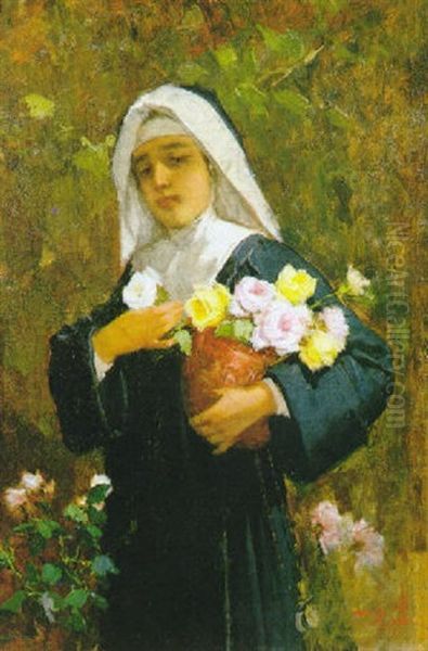 Novizia Con Fiori Oil Painting by Virgilio Ripari