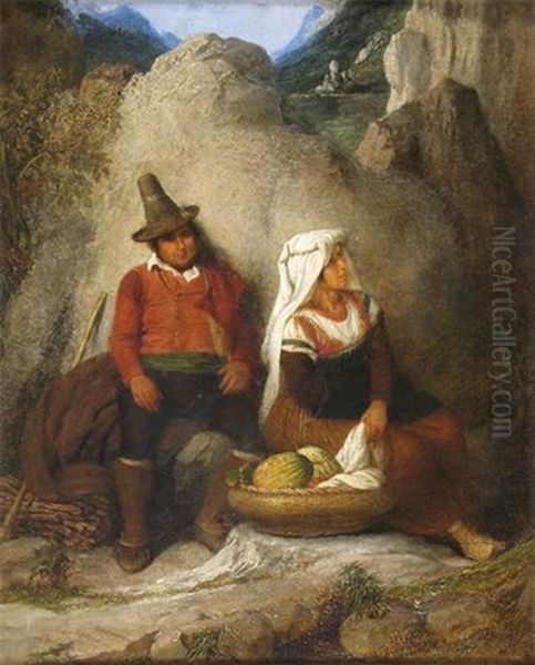 Spanish Figures Resting By A Rock Oil Painting by Edward Villiers Rippingille