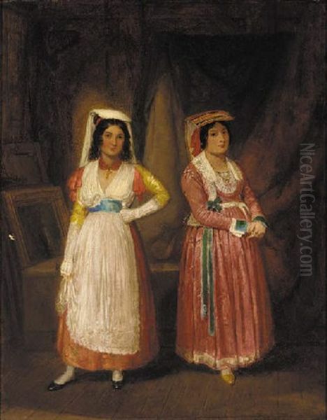 A Double Portrait Of Two Ladies, One In Traditional Albano Dress, The Other In Traditional Nettuno Dress Oil Painting by Edward Villiers Rippingille