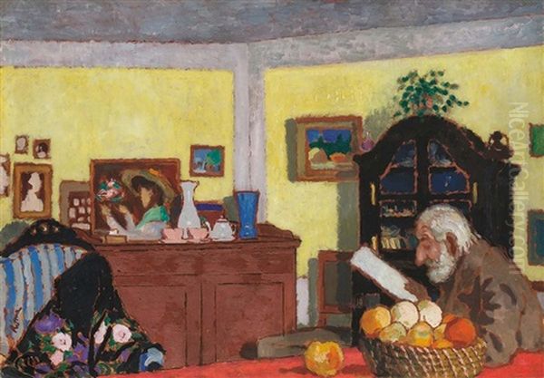 Uncle Piacsek In Front Of The Black Sideboard (uncle Piacsek In The Yellow Room, Uncle Piacsek Reading In Front Of The Black Sideboard) Oil Painting by Jozsef Rippl-Ronai