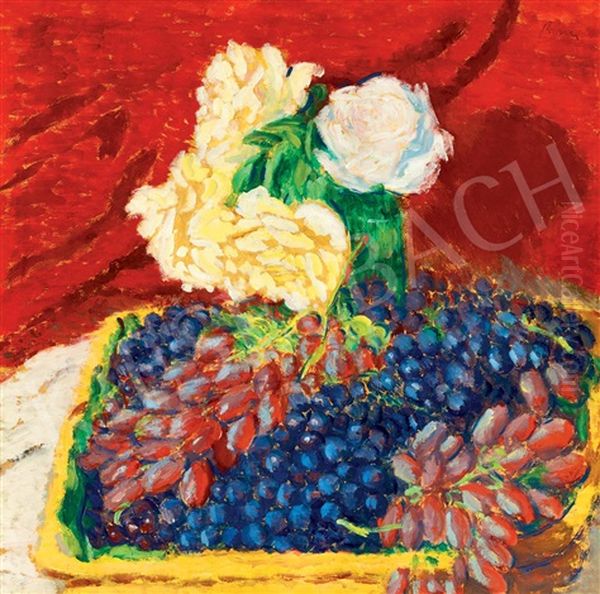 Studio Still Life With A Red Drapery (grapes And Roses) Oil Painting by Jozsef Rippl-Ronai