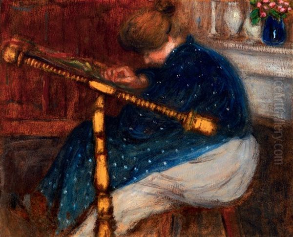 Woman Embroidering Oil Painting by Jozsef Rippl-Ronai