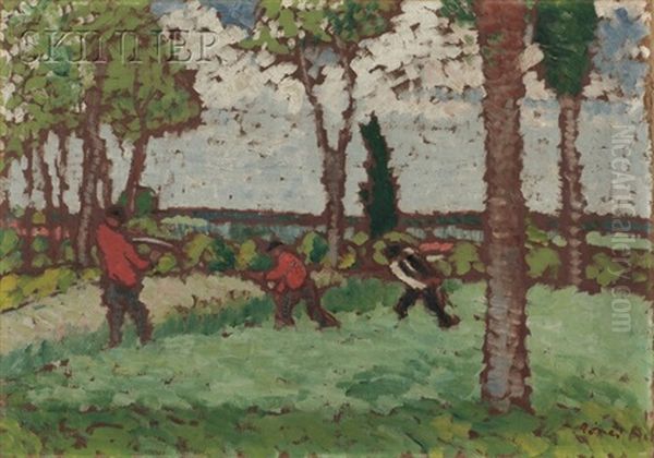 Figures In A Field Oil Painting by Jozsef Rippl-Ronai