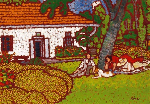 Piknik A Roma-villa Kertjeben - A Muterem Elott Hevereszo Alakok (picnic In The Garden Of The Roma-villa - Resting Figures In Front Of The Studio) Oil Painting by Jozsef Rippl-Ronai