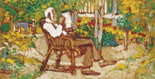 Piacsek Bacsi Ujsagot Olvas (uncle Piacsek Reading A Newspaper) Oil Painting by Jozsef Rippl-Ronai