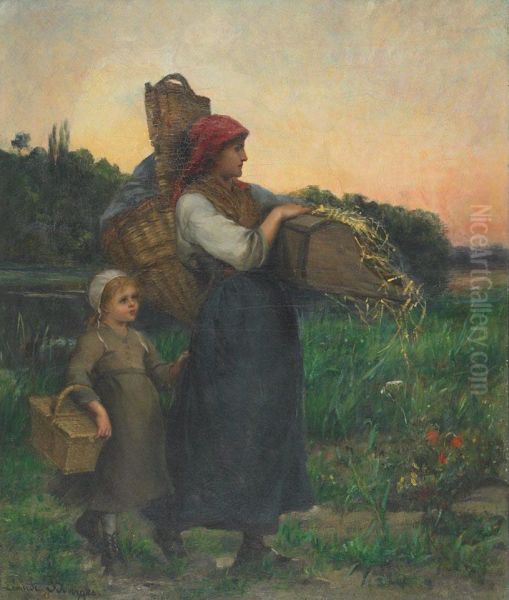 Mother And Young Girl Returning From Market Oil Painting by Pauline Elise Borges