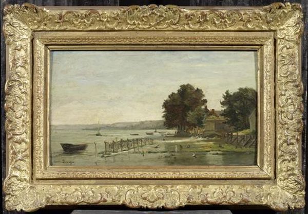 Lakefront With Barges Oil Painting by Pauline Elise Borges