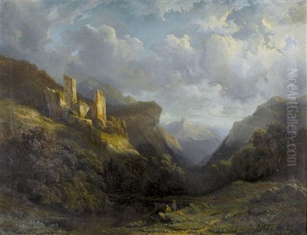 Burgruine Im Oberen Inntal Oil Painting by Edouard (Paul E.) Rischgitz