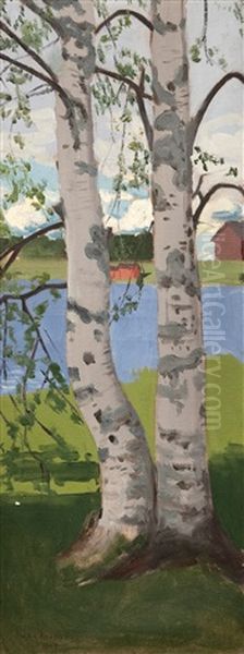 Birches On The Shore Oil Painting by Juho Rissanen