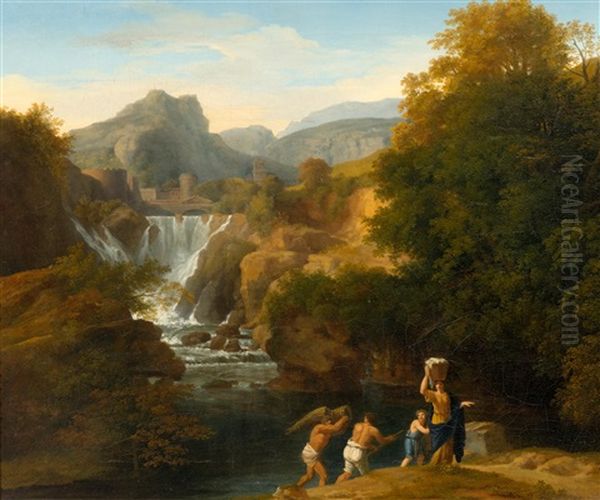 Figures In A Mediterranean Mountain Landscape With A Waterfall And A Castle Oil Painting by Christoph (Johann Christoph) Rist