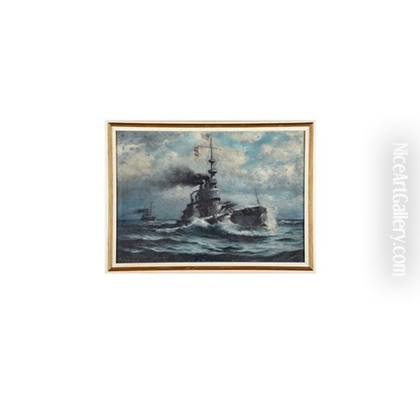 Three Works Of Art: Untitled (maritime Scene Depicting Uss Oregon) Oil Painting by William Ritschel