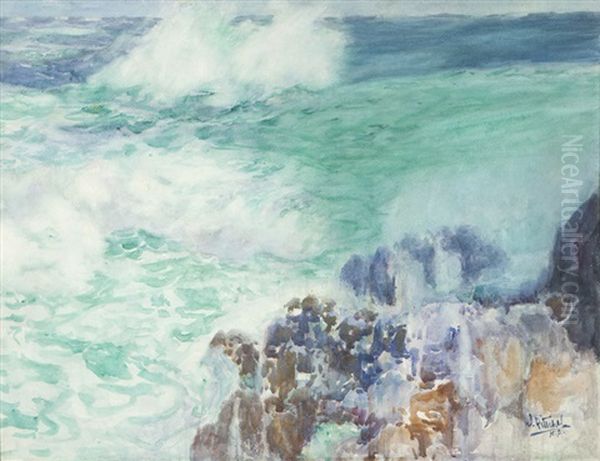 Waves Breaking Along A Rocky Coast, Carmel Oil Painting by William Ritschel