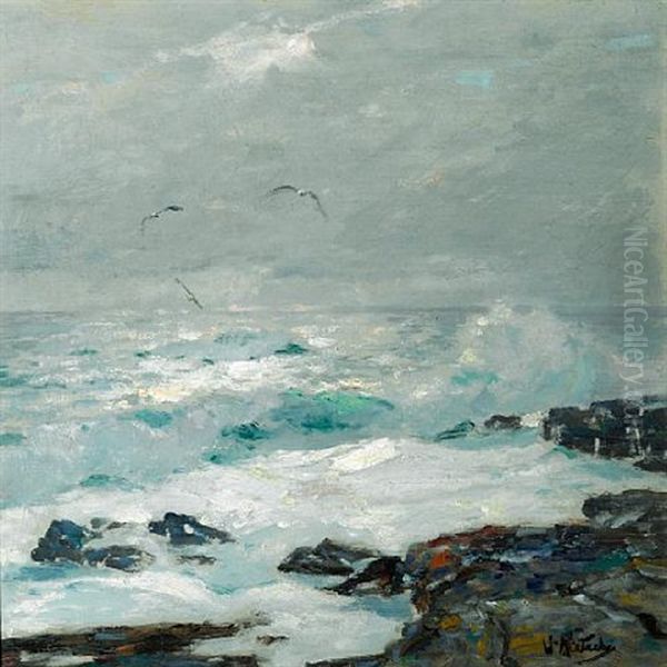 Surf Breaking On The Rocks With Sea Gulls Above Oil Painting by William Ritschel