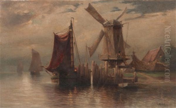 Dutch Harbor With Windmill Oil Painting by William Ritschel