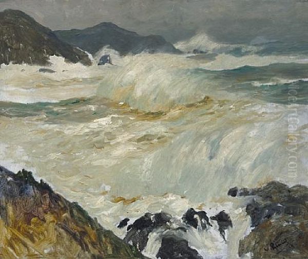 Crashing Waves On A Rocky Shore Oil Painting by William Ritschel