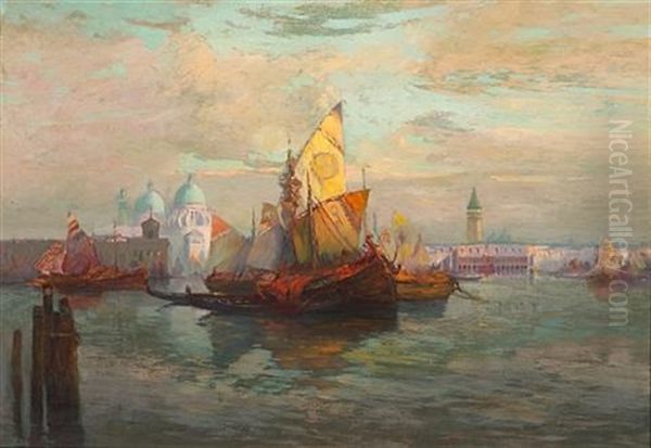 Boats In A Canal With Santa Maria Della Salute And The Doge's Palace Beyond by William Ritschel