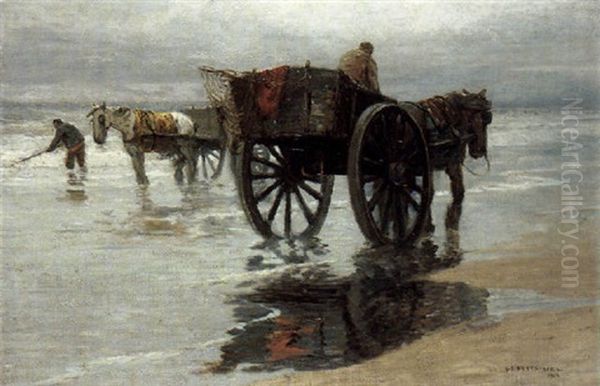 Krabbenfischer Am Strand Von Katwijk Oil Painting by William Ritschel